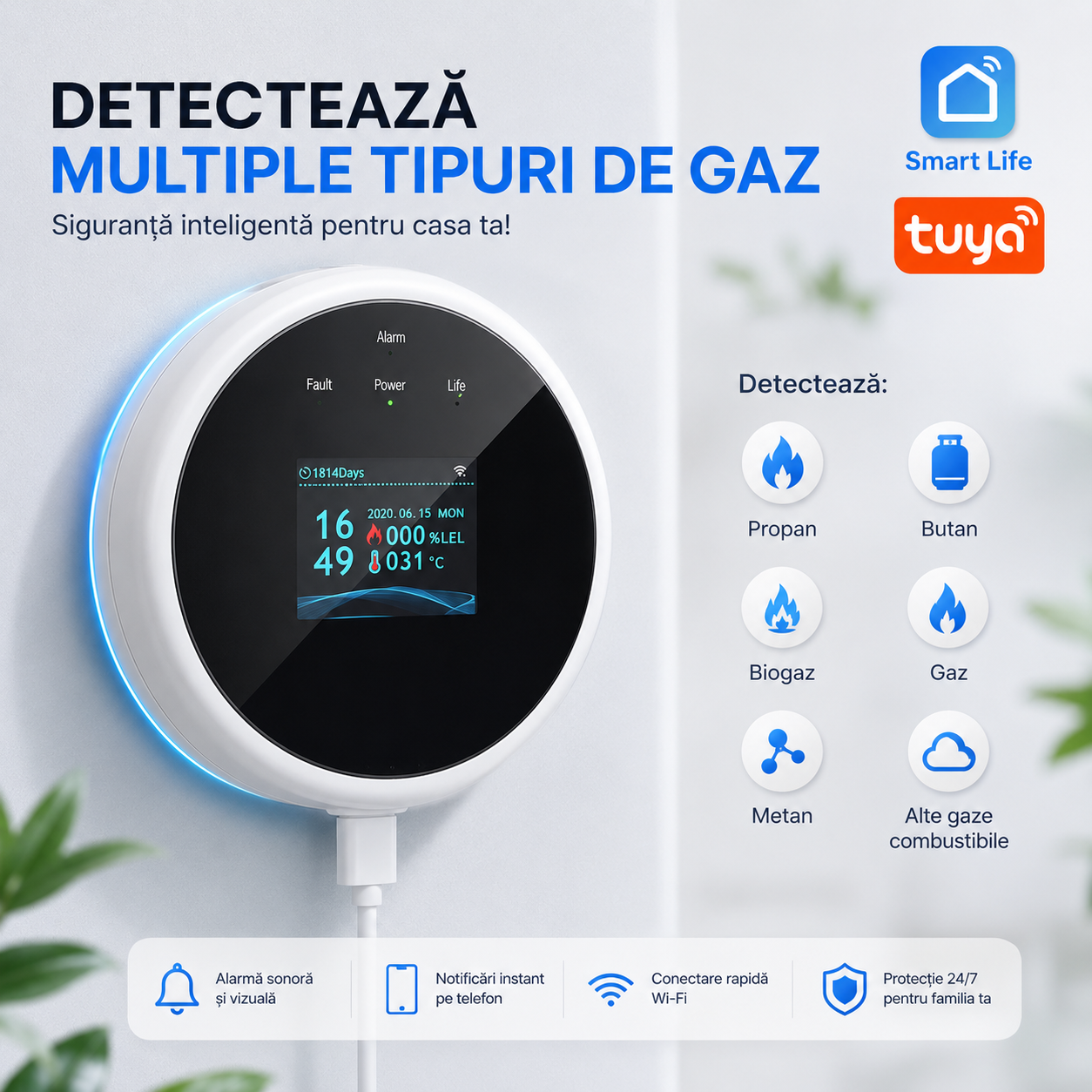 Detector Inteligent Scurgeri Gaz WiFi cu Control Electrovalvă și Alertă pe Telefon – INTEXXA®