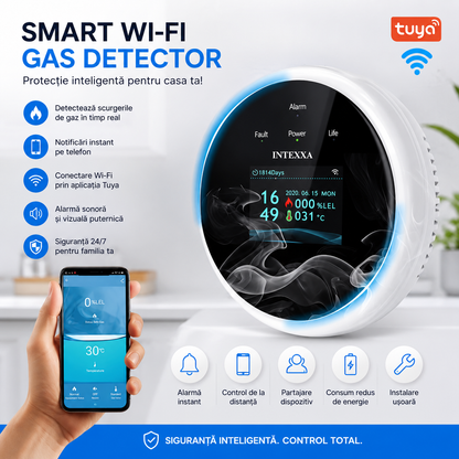 Detector Inteligent Scurgeri Gaz WiFi cu Control Electrovalvă și Alertă pe Telefon – INTEXXA®