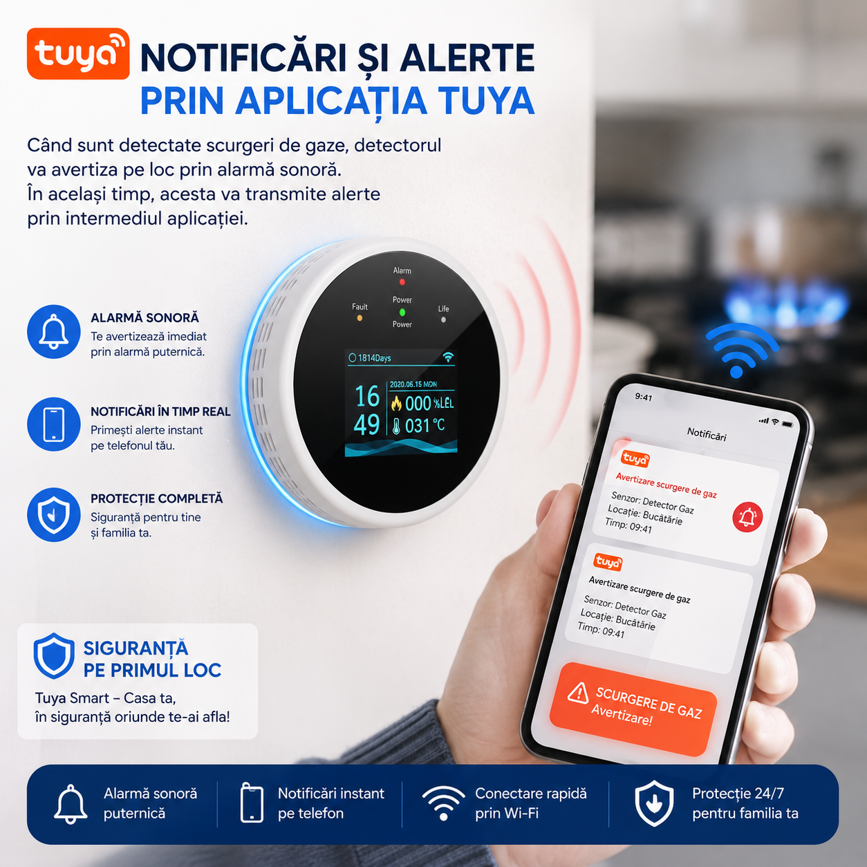 Detector Inteligent Scurgeri Gaz WiFi cu Control Electrovalvă și Alertă pe Telefon – INTEXXA®